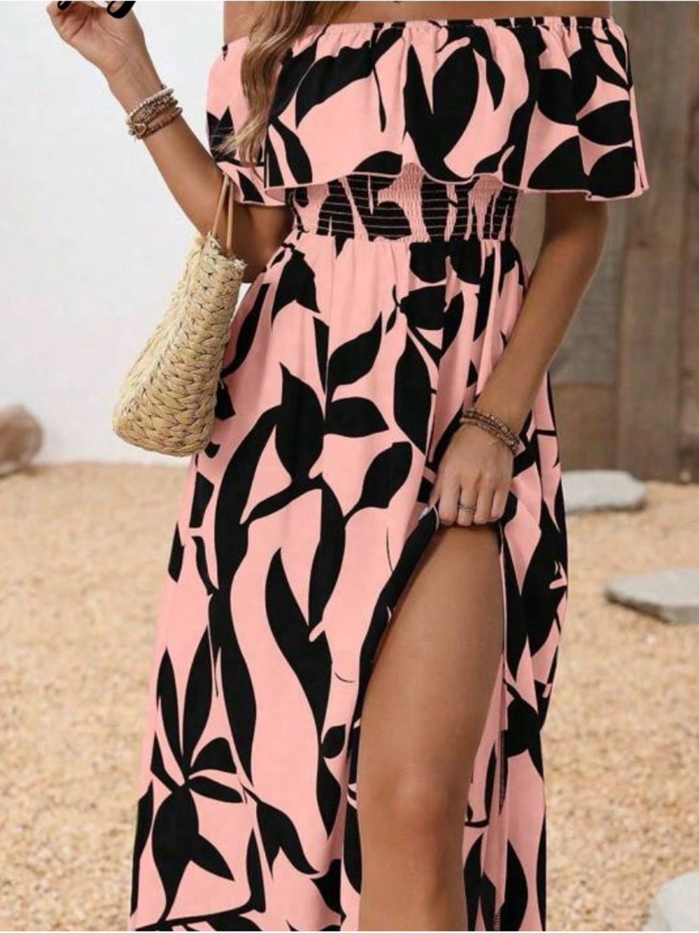 Off-Shoulder Pink Floral Maxi Dress with Side Slit